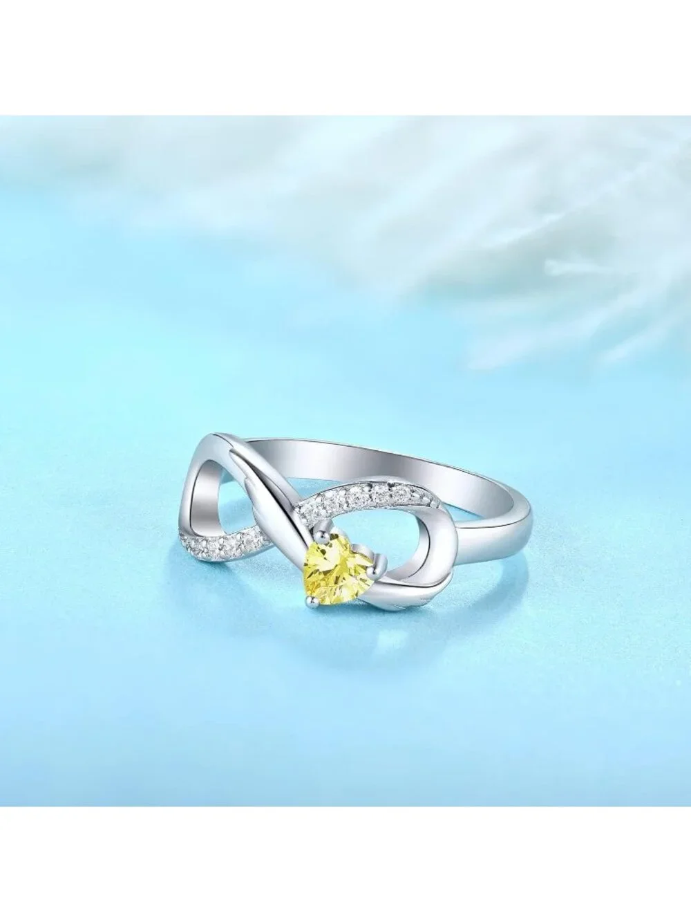Women's Golden Topaz 925 Sterling Silver Infinity Promise Angel Wings Heart Ring